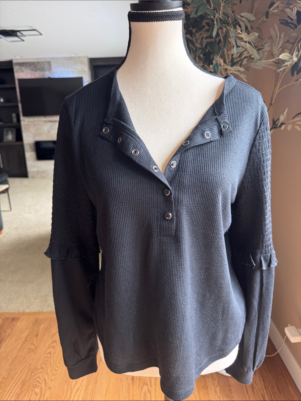 Frye Black Waffle-Knit Long Sleeve Henley with Ruffle Sleeves